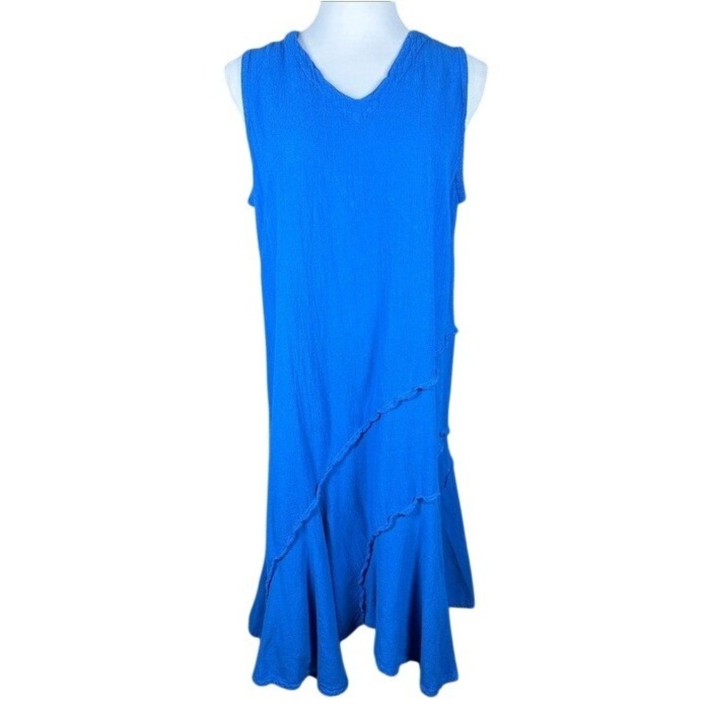 Oh My Gauze! Blue Cotton Gauze Sleeveless V-Neck Tiered Ruffle Midi Dress Size 2